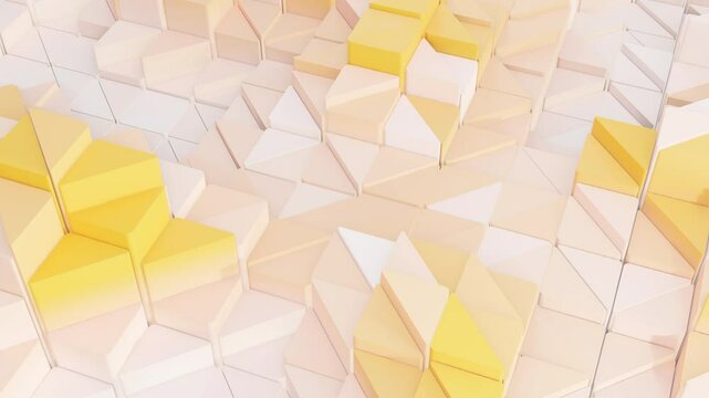 Abstract  background pattern with regular extruded triangles pattern on wall, yellow toned 3d render animation