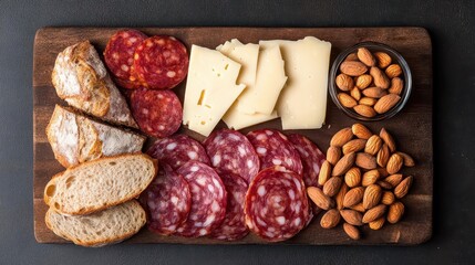 Charcuterie board featuring chorizo, jamon, Manchego, and almonds, served with artisan bread, rustic elegance