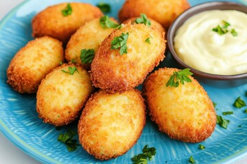 Fototapeta premium Crisp croquetas served with aioli on a vibrant blue plate, garnished with parsley for a pop of color