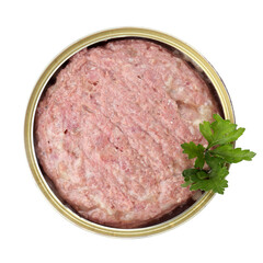 Canned meat with fresh parsley in tin can isolated on white, top view