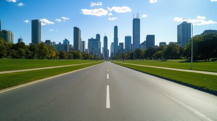 Obraz premium Skyline view from open highway surrounded by greenery