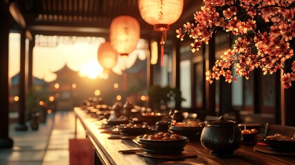 Serene Sunset Dinner Asian Cuisine Lantern Decor Blossom Branches