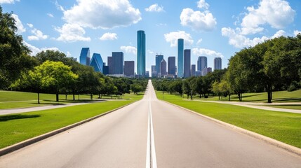 Urban skyline from hill park with clear blue skies