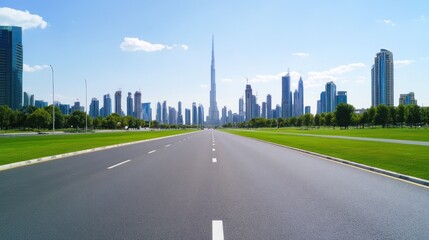 Fototapeta premium Spacious road toward iconic modern glass skyscraper.