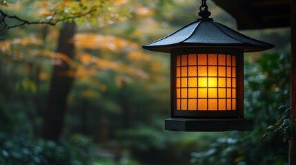 Serene lantern illuminating the tranquil forest at dusk