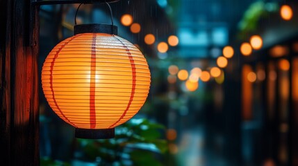 Glowing lantern illuminating a serene rain-soaked alleyway at dusk