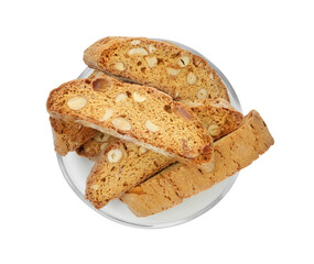 Traditional Italian almond biscuits (Cantucci) in glass bowl isolated on white, top view