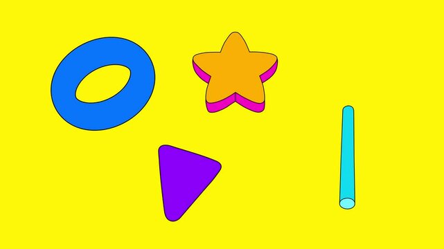 Loop cartoon stroke line animation of 3D geometry shapes. Star, conus, cylinder, torus rotating on a transparent alpha channel