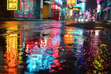 Vibrant Neon Reflections on Wet Urban Street During Rainstorm at Night