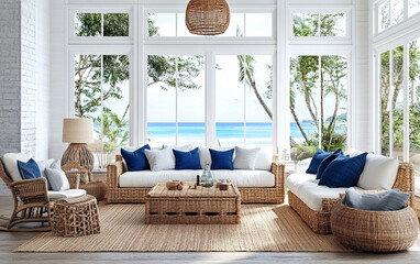 Modern coastal living room with whitewashed walls, rattan furniture, blue accents, and large windows showcasing sea views. A serene, airy space that embodies a relaxed coastal vibe.

