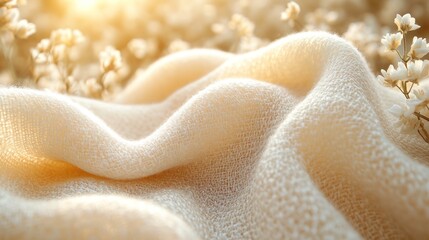 Fototapeta premium Soft cream fabric draped on white flowers, sunlit.