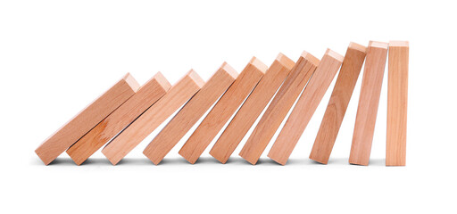 Domino effect. Wooden blocks falling on white background