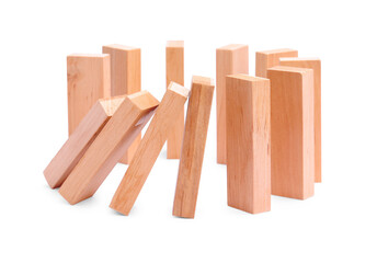 Domino effect. Wooden blocks falling on white background