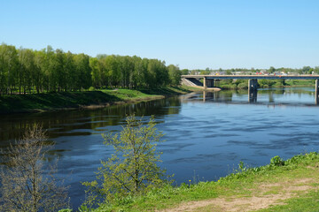 Fototapeta premium summer landscape with river and bridge, Polotsk
