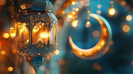 Glimmering Ramadan Lantern and Crescent Moon: Festive Islamic Celebration