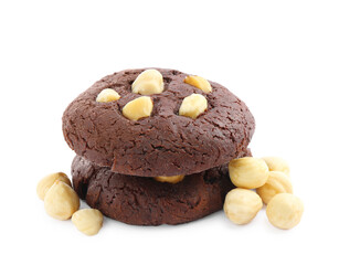 Tasty chocolate cookies with hazelnuts isolated on white