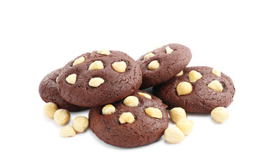 Tasty chocolate cookies with hazelnuts isolated on white