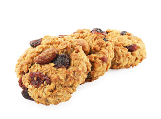 Delicious oatmeal cookies with dried cranberries and nuts isolated on white