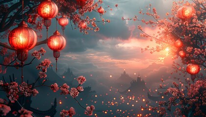 Lanterns Hanging from Cherry Blossom Tree with Red Flowers for Chinese New Year