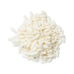 Heap of puffed rice isolated on white, top view