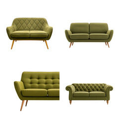 Stylish Olive Green Sofas for Living Room Decor: Mid-Century Modern Design Pieces Isolated on a White Background for Interior Inspiration