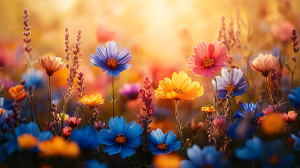 A serene meadow adorned with vibrant wildflowers under a bright blue sky, perfect for nature-themed projects, spring events, and wellness campaigns.