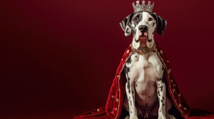 A Great Dane adorned with a lavish royal cape and a sparkling crown sits proudly on display. The striking red backdrop enhances the regal aura of this noble canine, capturing the essence of royalty