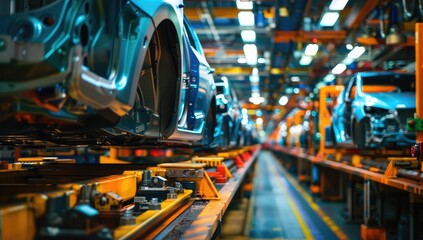 Photo of automobile production line. Modern car assembly plant. Modern and high-tech automotive industry