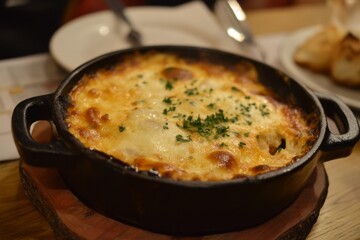 Baked dish with cheddar cheese and baby onions, served in a black cast-iron dish.