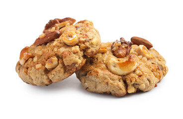 Tasty cookies with nuts isolated on white
