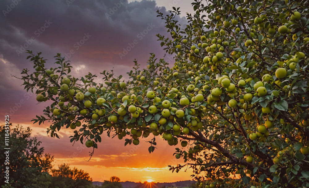 Aufkleber A tree with a large number of apples hanging from its branches. The sun is setting in the background, casting a warm glow over the scene. The apples are ripe and ready to be picked