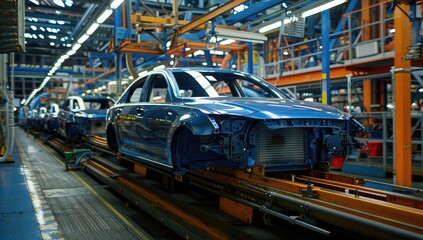 Obraz premium Photo of automobile production line. Modern car assembly plant. Modern and high-tech automotive industry