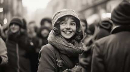 Smiling girl in a crowd, dressed warmly in a vintage style.