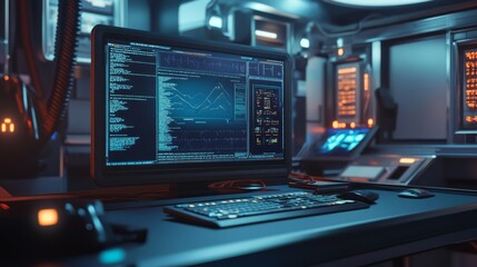Futuristic workspace with computer displaying data and code.