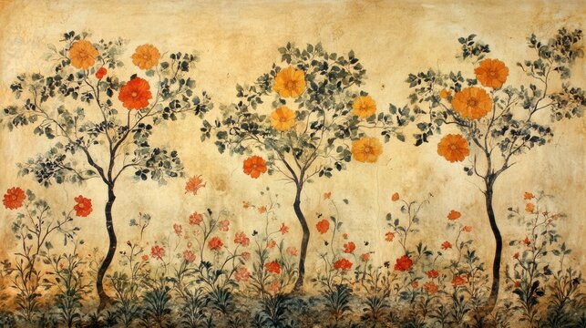 Mughal Era Floral Garden Painting Vintage Art Antique Flowers Gold Hues Parchement