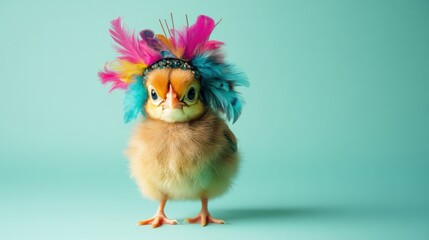 A cute chick stands confidently showcasing colorful feather clips in its fuzzy feathers. The background has a calming blue tone, enhancing the chick's playful appearance