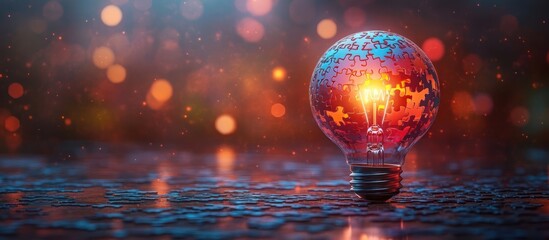 Illuminated puzzle-piece lightbulb on scattered pieces.