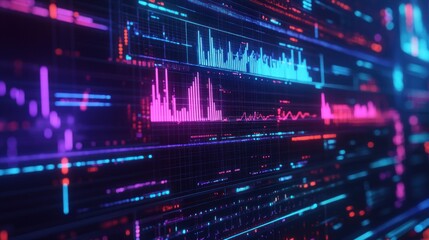 Futuristic digital data streams with glowing graphs and charts.