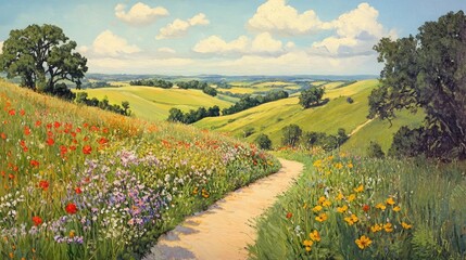 A quiet rural path surrounded by wildflowers and rolling hills