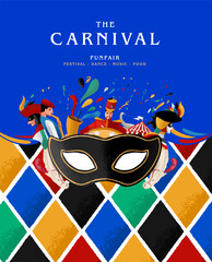 carnival festival illustration with mask and harlequin pattern circus music dance