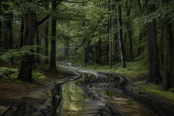 Obraz premium Winding Forest Path in Torrential Rain with Streaming Water and Serene Atmosphere