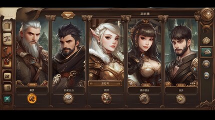 Fantasy game character selection screen showing five diverse heroes.