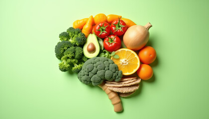 A visually striking assortment of healthy foods arranged in a brain shape, representing the MIND diet with an emphasis on vibrant colors and fresh ingredients.