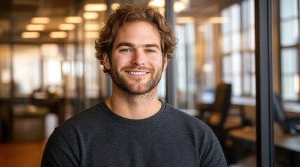 Young man with curly hair smiles warmly while standing in a bright office space filled with windows