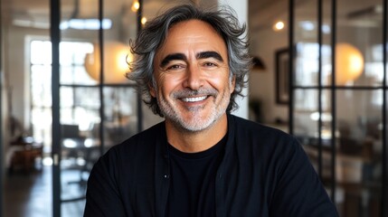 Obraz premium Friendly man with graying hair smiles warmly in a stylish, bright, contemporary setting