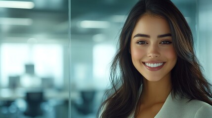 Fototapeta premium A young woman stands in an office, smiling confidently at the camera with a bright atmosphere