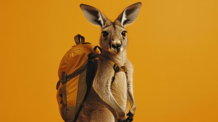 A kangaroo stands confidently with a mini backpack on its back. The backdrop features a bright yellow hue, creating a cheerful and striking atmosphere