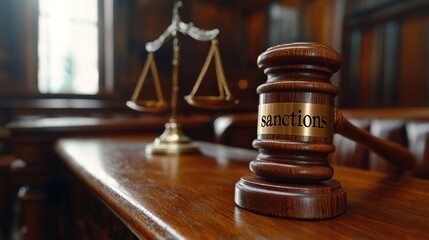 A gavel labeled sanctions rests on a wooden table beside scales of justice in a courtroom