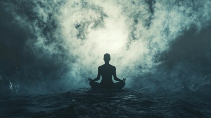 A meditative figure silhouetted against a mystical, cloudy backdrop