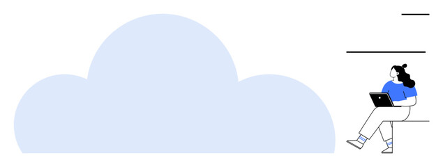 Woman sitting with laptop. Giant cloud representing cloud computing. Ideal for technology, remote work, data storage, digital solutions, online learning, work-from-home, modern business. Line